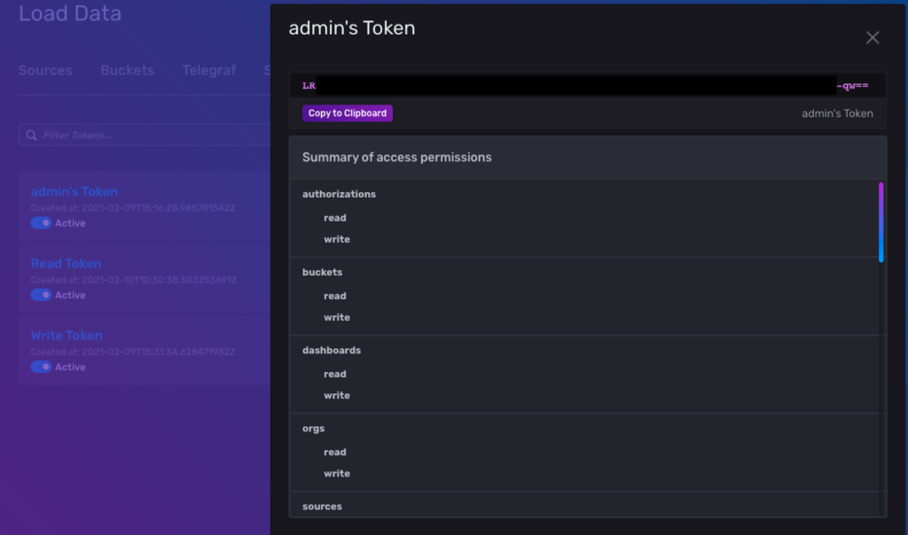InfluxDB Data Admin Tokens Page